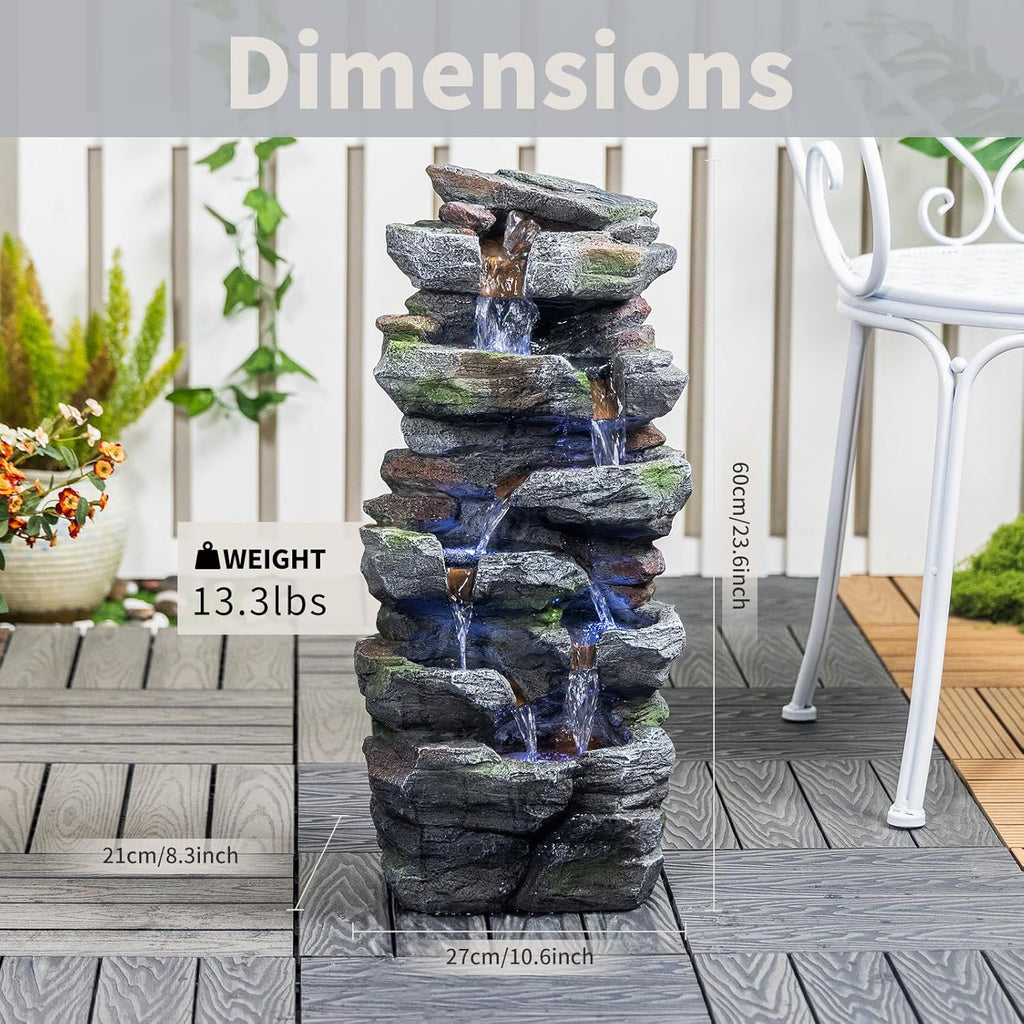 Outdoor Rock Waterfall Fountain with LED Lights, Multi-Tier Stacked Stone Style, Garden Patio Decor