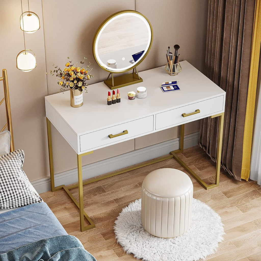 Tribesigns Vanity Desk with 2 Drawers, White and Gold Small Makeup Vanity, Modern Vanity Table Dressing Desk for Women Girls Gifts (Without Mirror)