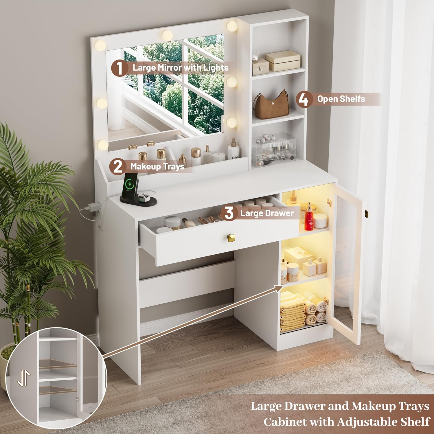 Wodeer Small Makeup Vanity Desk with Mirror and Lights, Vanity with Glass Cabinet, LED Lights & Power Outlet, Drawer & RGB Glass Cabinets, Adjustable Lighted Dressing Table for Women & Girls Bedroom