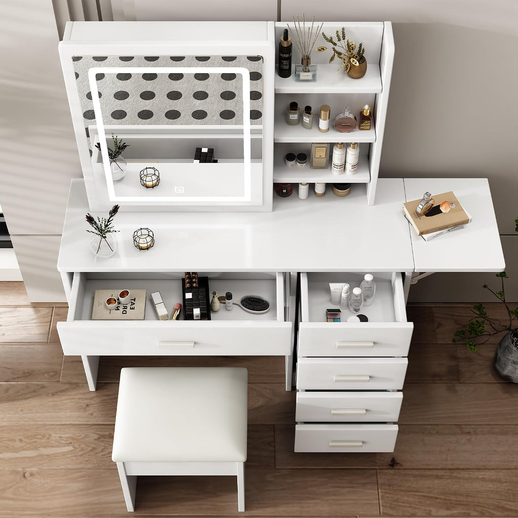 43.3' Vanity Desk with Mirror and Lights, Sliding 3 Colors Lighted Mirror, Vanity Desk Set with Stool, 5 Drawers and Foldable Table Board, to Store Jewelry and Makeup for Bedroom&Dressing Room