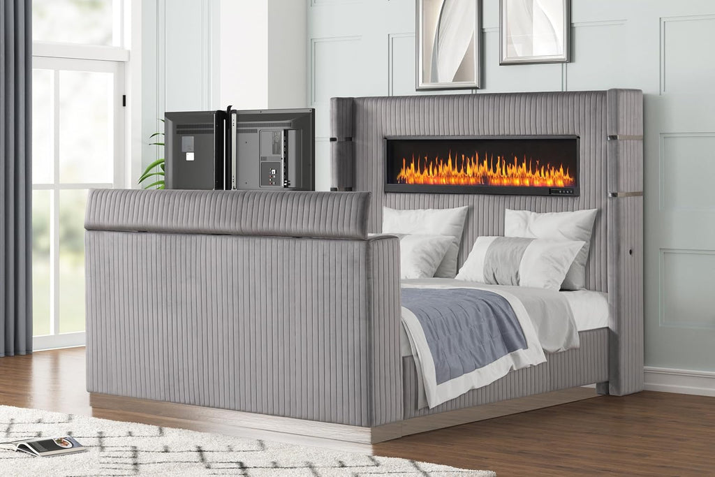 Lavish Modern Style 5 Pc King Bedroom Set Made with Fireplace in Headboard TV Stand in Footboard with Wood in Grey