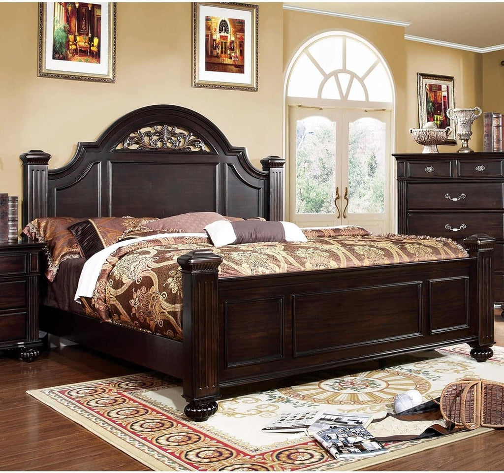 Furniture of America Malierd Transitional Fluted Poster King-Size Panel Bed, Box Spring Required for Bedroom, Guest Room Bed, Dark Walnut Brown