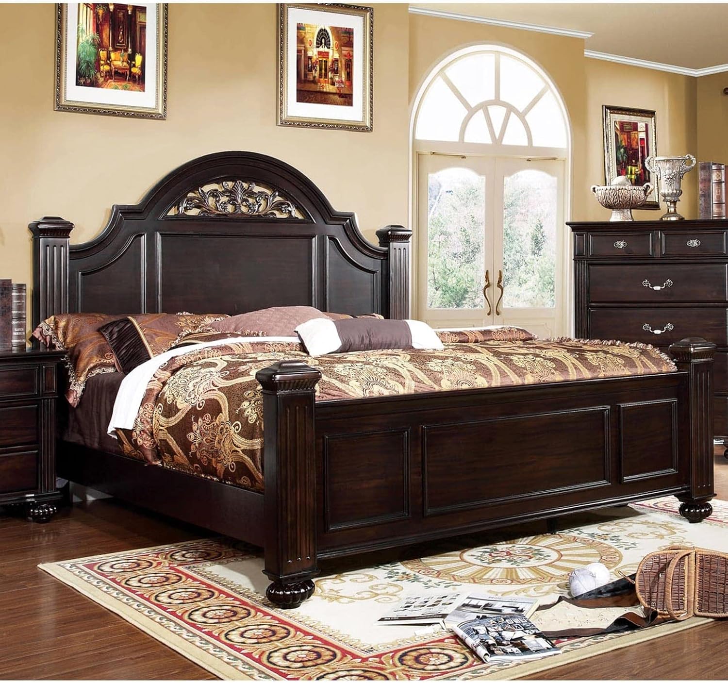 Furniture of America Malierd Transitional Fluted Poster King-Size Panel Bed, Box Spring Required for Bedroom, Guest Room Bed, Dark Walnut Brown