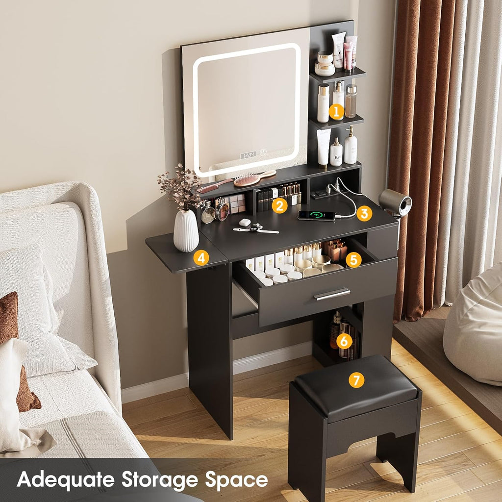 Fameill Vanity Desk with Mirror and Lights, Small Makeup Vanity with Drawer & Lots Storage Shelves, Black Dresser Table with Charging Station & Time Display, Vanity Set with Chair, for Bedroom