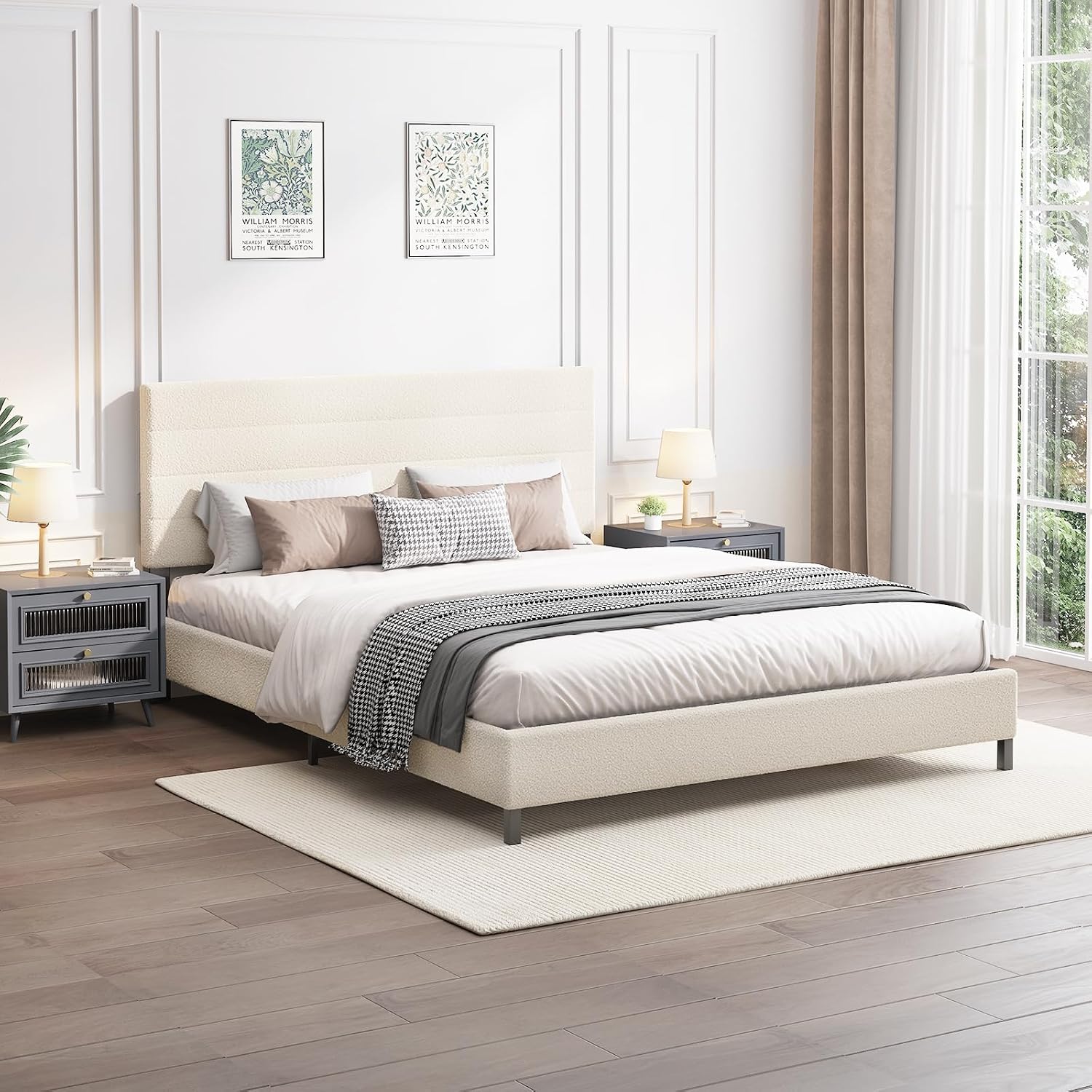 Furnihome Queen Bed Frame, Modern Sherpa Upholstered Bed Frame with Adjustable Headboard, Wooden Slats Support Platform Queen Size Bed Frames, No Box Spring Needed,Easy Assembly,Cream