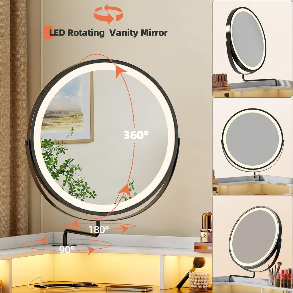 Corner Vanity Desk with Rotating Mirror and LED Lights,Makeup Table Set with Charging Station,5 Drawers & Shelves,Modern Dressing Table with Glass Top for Bedroom, Birthday Gift(White)