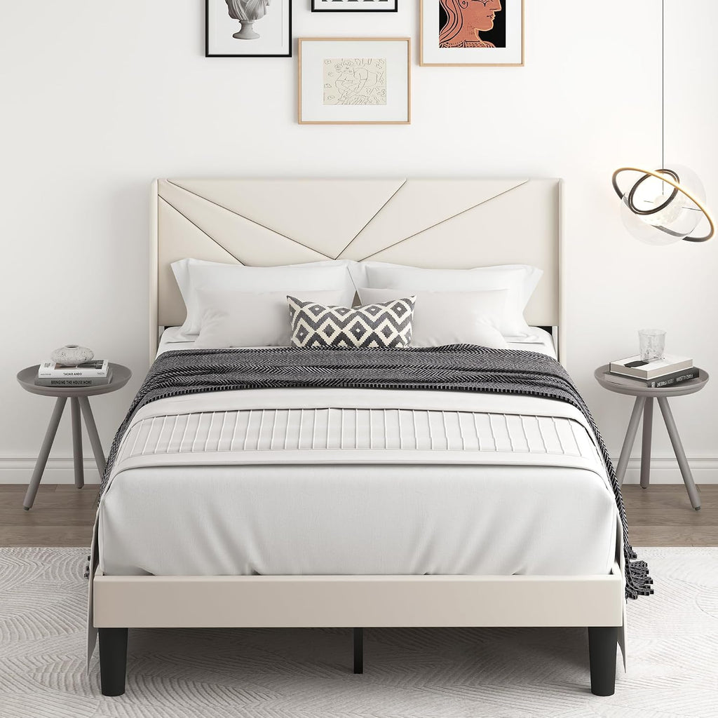 Full Size Bed Frame with Upholstered Wingback Headboard, Easy Assemnly Platform Bed and Heavy Duty Wooden Slats Support, Noise-Free, No Box Spring Needed (Cream, Full)