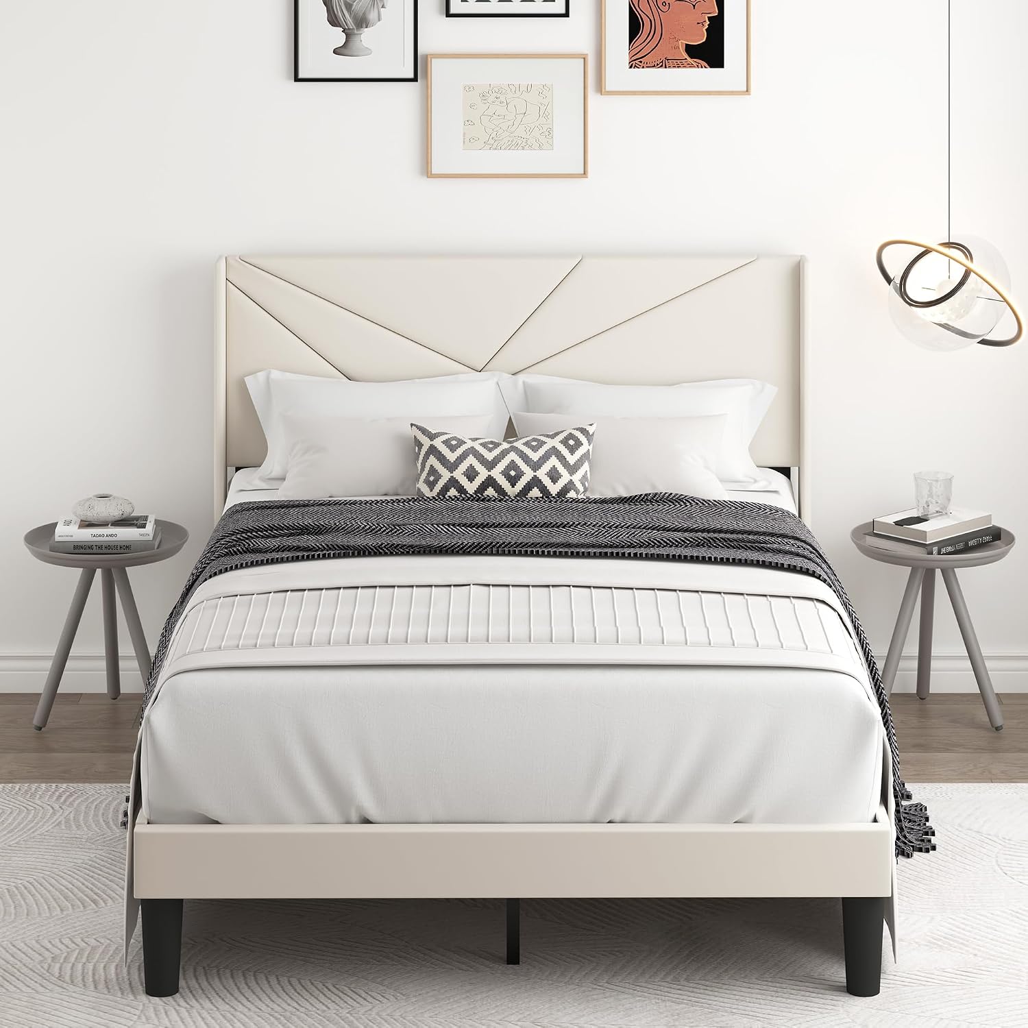 Full Size Bed Frame with Upholstered Wingback Headboard, Easy Assemnly Platform Bed and Heavy Duty Wooden Slats Support, Noise-Free, No Box Spring Needed (Cream, Full)