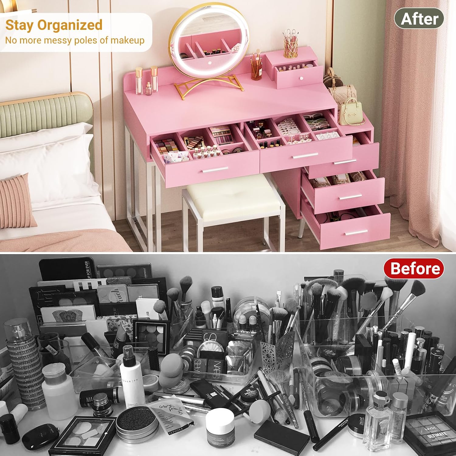 Armocity Pink Vanity Desk with Mirror and Lights, Modern Makeup Vanity Table Set with 6 Storage Drawers and Cushioned Stool for Bedroom, Dressing Table with Divided Organizers for Women Girls, Pink