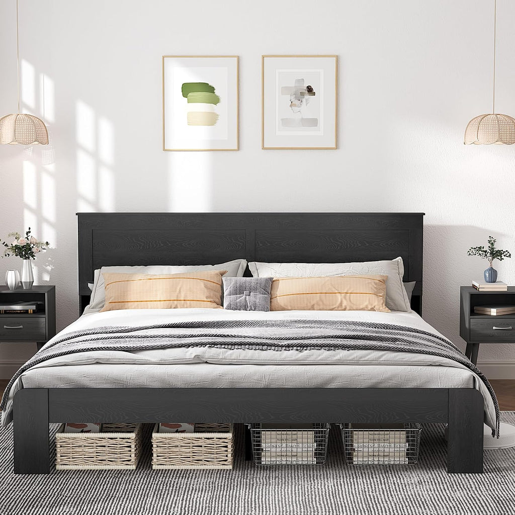 NNOOTK King Size Bed Frame, Rustic Vintage Platform Bed Frame with Wood Headboard and Footboard, 12 Wood Slats Support, No Box Spring Needed (Black, King)