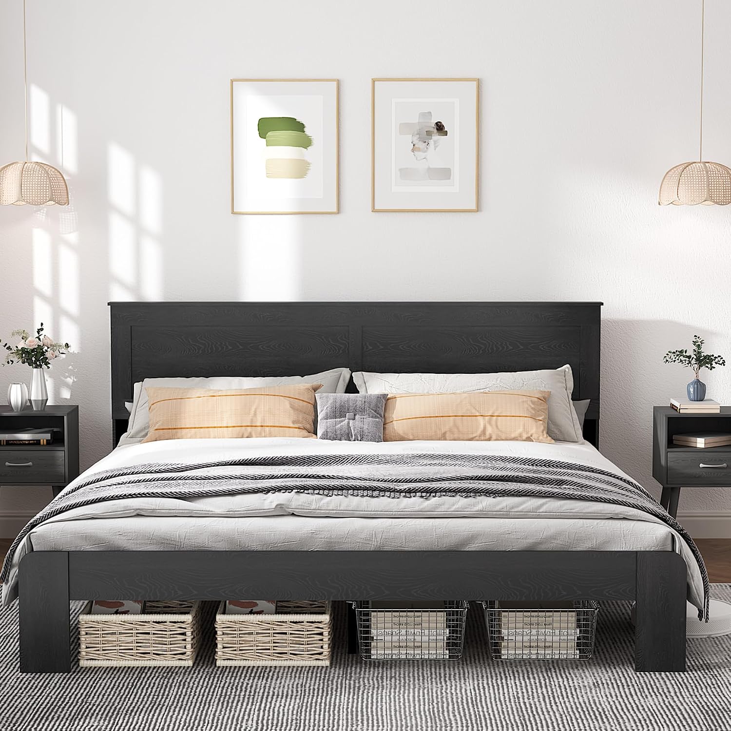 NNOOTK King Size Bed Frame, Rustic Vintage Platform Bed Frame with Wood Headboard and Footboard, 12 Wood Slats Support, No Box Spring Needed (Black, King)