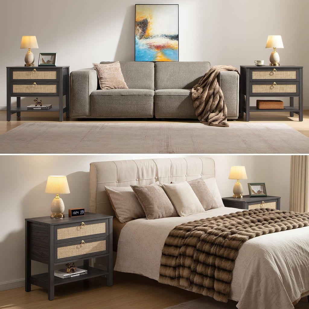 SICOTAS Night Stand with Drawers and Storage Shelf - Large Nightstands Rattan Decor Boho Bedside Table Narrow Side Table for Bedroom, Small Space