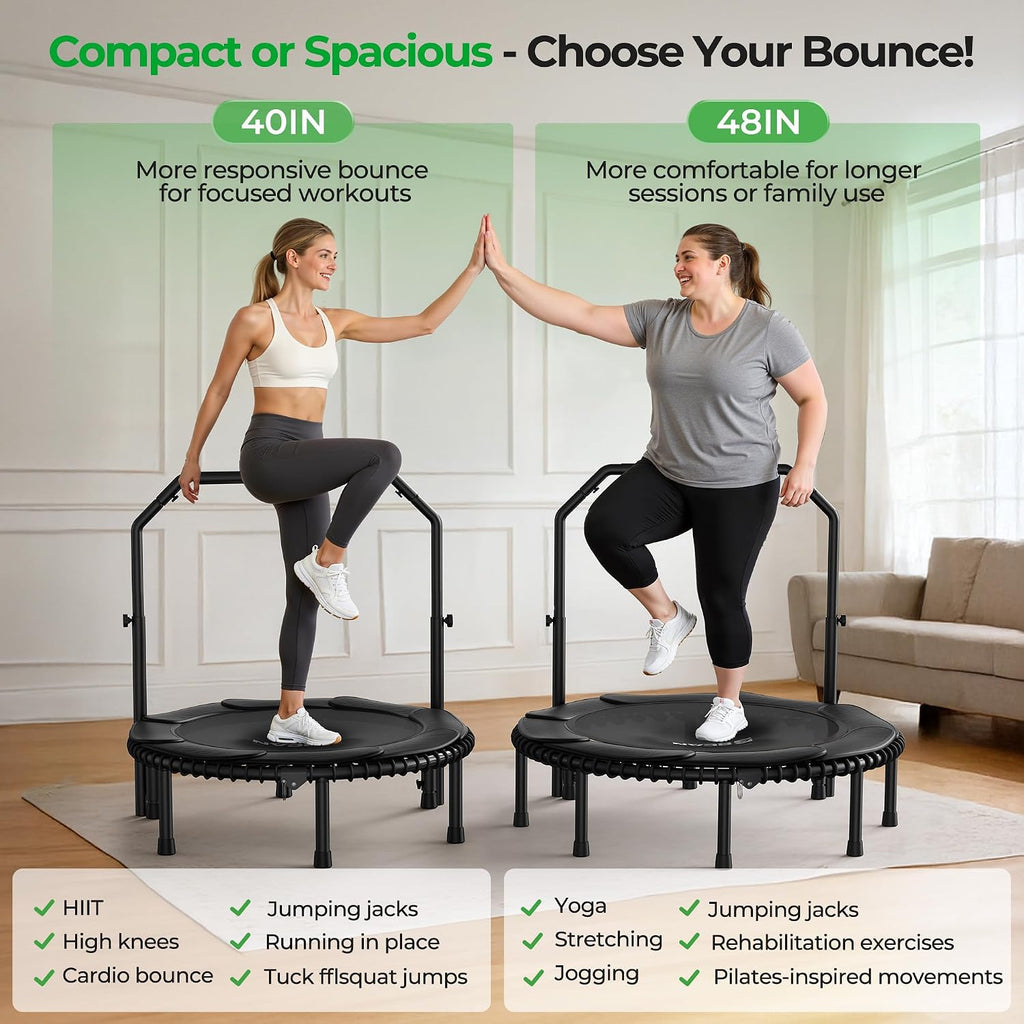 BCAN BT2 450/550LBS Mini Rebounder Trampoline for Adults with Bar, Fitness Trampoline with Bungees, Adjustable Handle, Stable & Quiet, Indoor Outdoor, Whole-Body Workout & Relaxation at Home-40IN/48IN