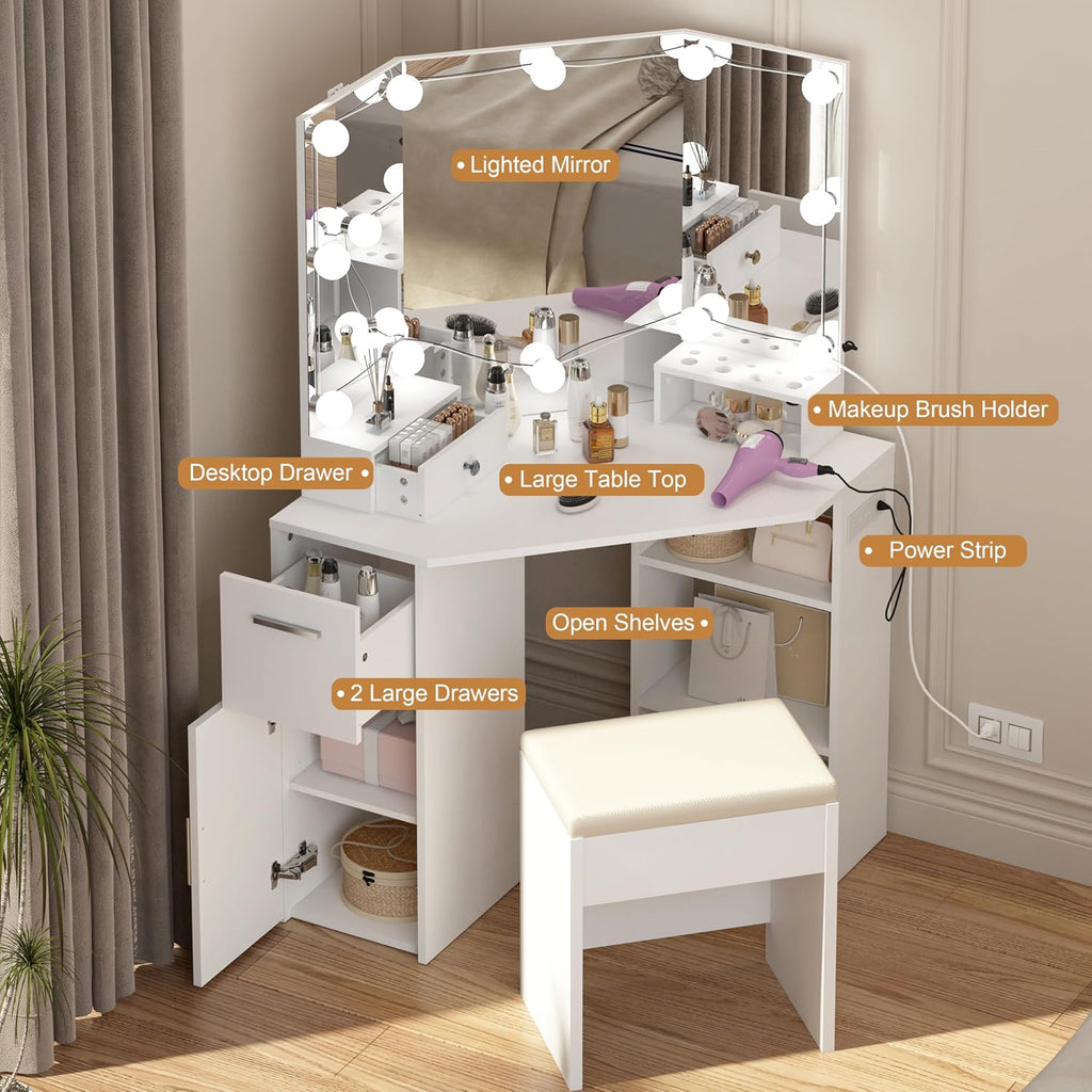 Corner Vanity Makeup Desk with Vanity Mirror, Built-in Lights, 2 Drawers, Power Outlet, Makeup Desk for Bedroom, White