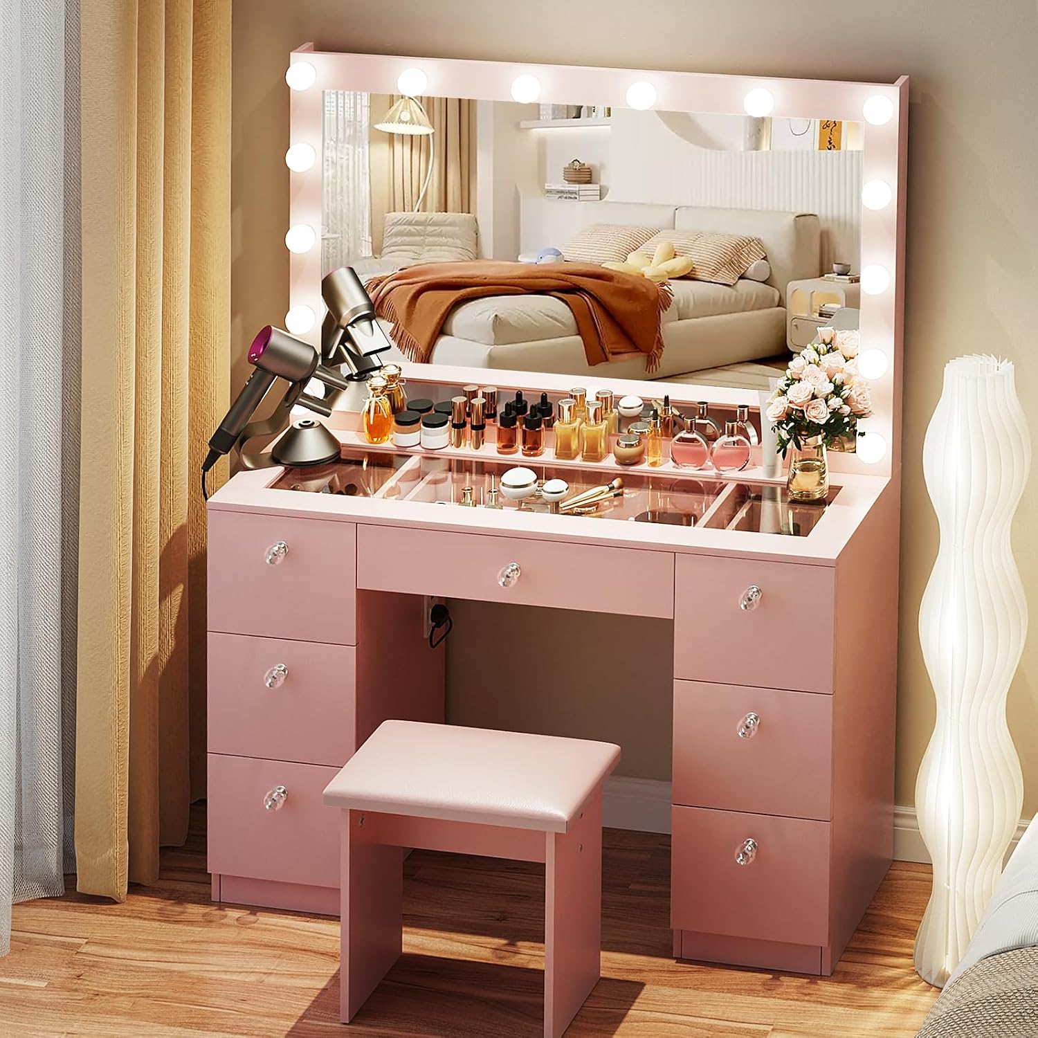 VOWNER Vanity with Lighted Mirror - Glass Top Makeup Vanity Desk with 7 Drawers and Power Outlet, 3 Color Lighting Modes Adjustable Brightness, 44' Vanity Table with Stool for Women Girls, Pink