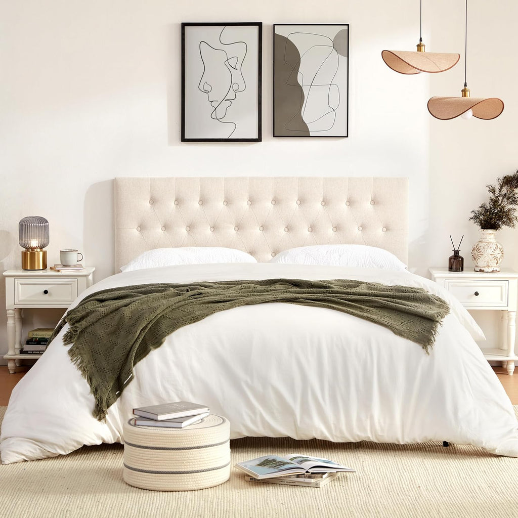 Huatean Home Tufted Upholstered Headboard King Size, Solid Wood Head Board with Durable Metal Legs, Adjustable Height Bed headboard from 37' to 51' Fabric Headboard in Modern Button Design, Beige