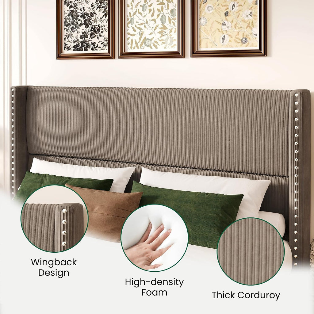 LARMACE King Size Bed Frame with 4 Storage Drawers,Corduroy Upholstered King Size Platform Bed Frame with Tufted Vertical Stripe,Solid Wood Leg/No Box Spring Needed/Noise Free,Brown