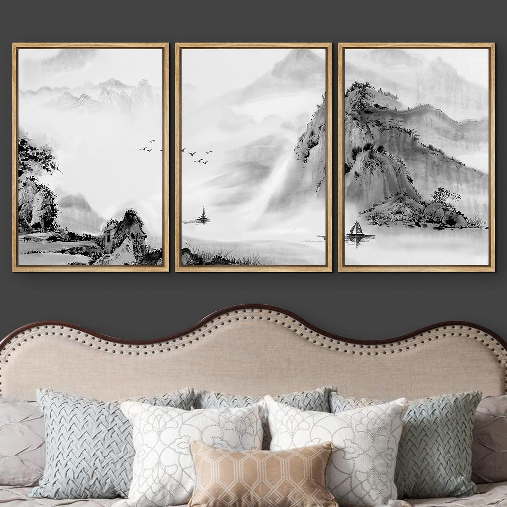 wall26 Framed Canvas Print Wall Art Set Black & White Chinese Ink Rainforest Nature Wilderness Illustrations Modern Art Cultural Scenic Relax/Calm for Living Room, Bedroom, Office - 24'x36'x3 Natural