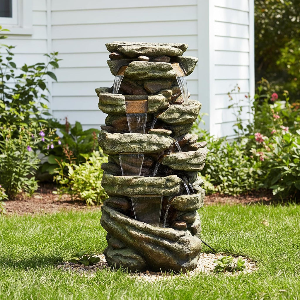 Naturefalls 59inches Outdoor Rock Water Fountain with LED Lights - Multi-Tiers Poly-Resin Cascading Waterfall Fountain for Garden, Patio, Yard, Home Decor