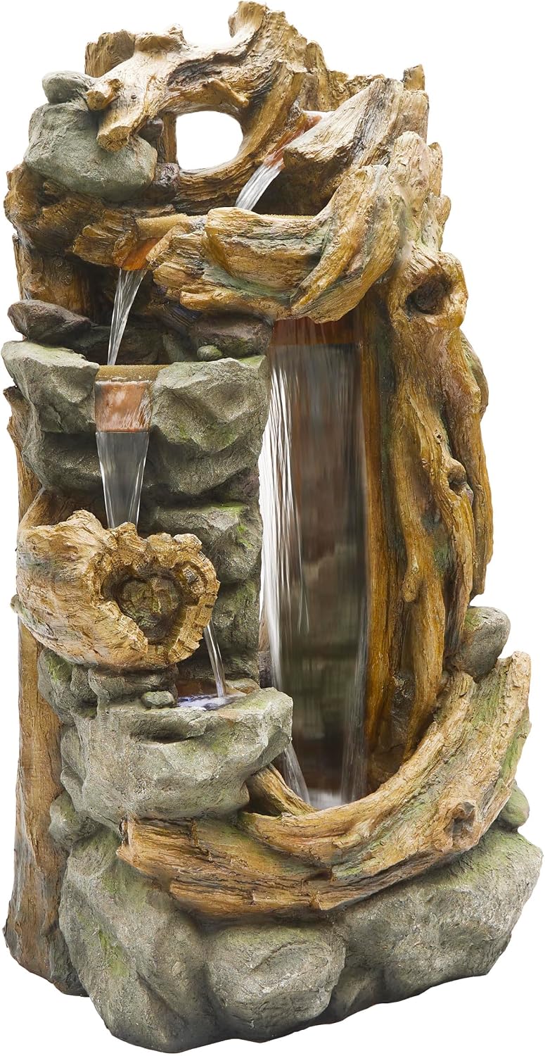Alpine Corporation TZL404 71' Cascading Tree Trunk Fountain with LED Lights, Outdoor Waterfall Water Feature for Garden, Patio, Lawn & Backyard Decor, Relaxing Water Feature with Rustic Design