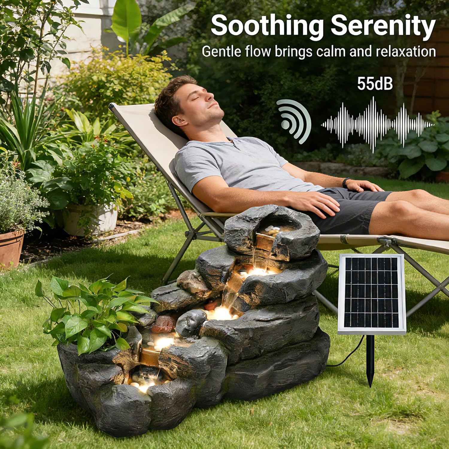 38.2' L Solar Water Fountain Outdoor Garden 5 Tiers Floor Standing Rock Natural Waterfall Outdoor Fountains with LED Lights and Planting Pot for Patio, Porch,Backyard,Home Art Decor