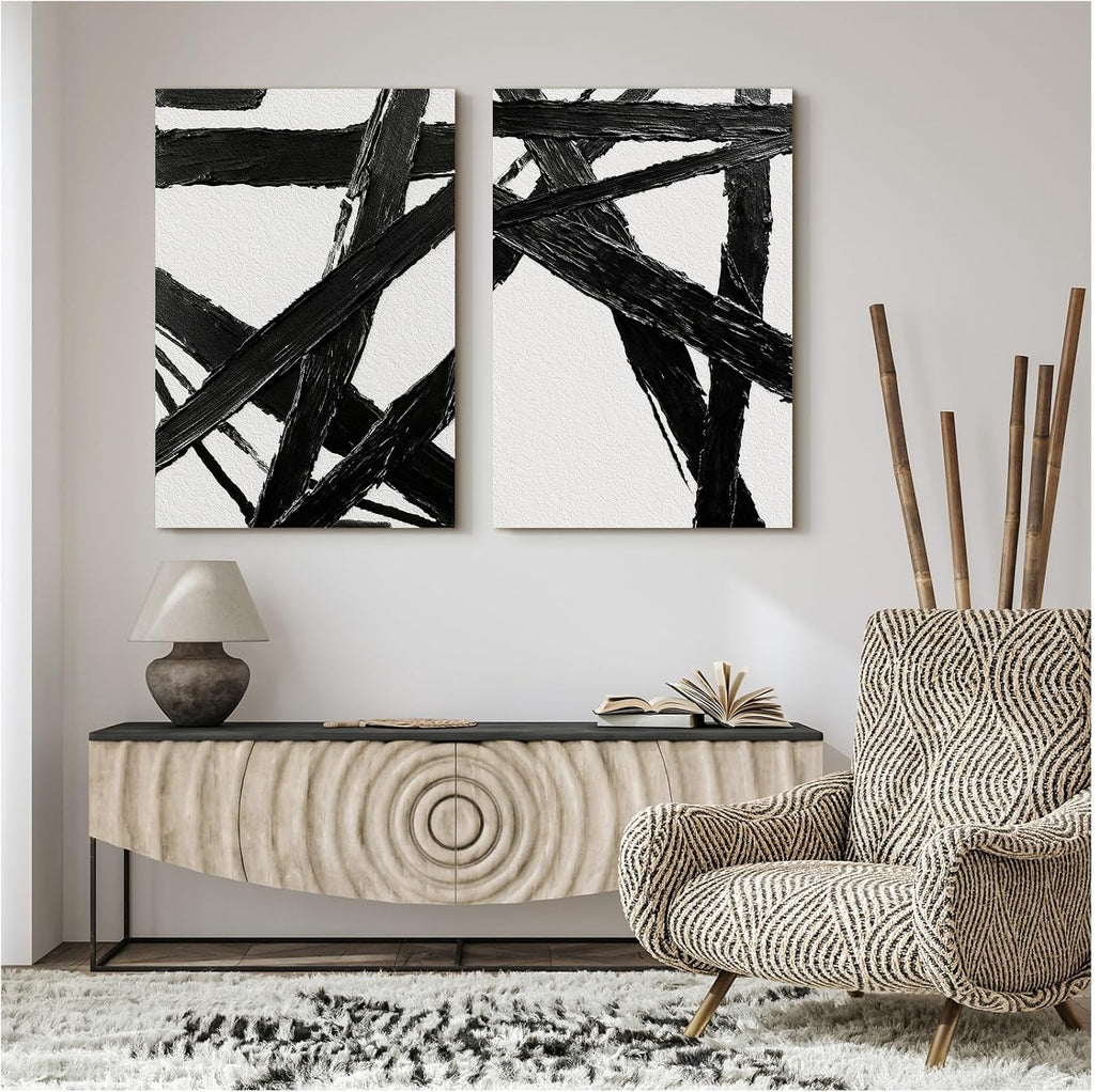 Bzstyleart Large Abstract Wall Art for Living Room, Set of 2 Black and White Modern Neutral Wall Art Hallway Office Bedroom, Boho Modern Minimalist Print Painting Large Abstract Artwork, 24 x 36 Inch