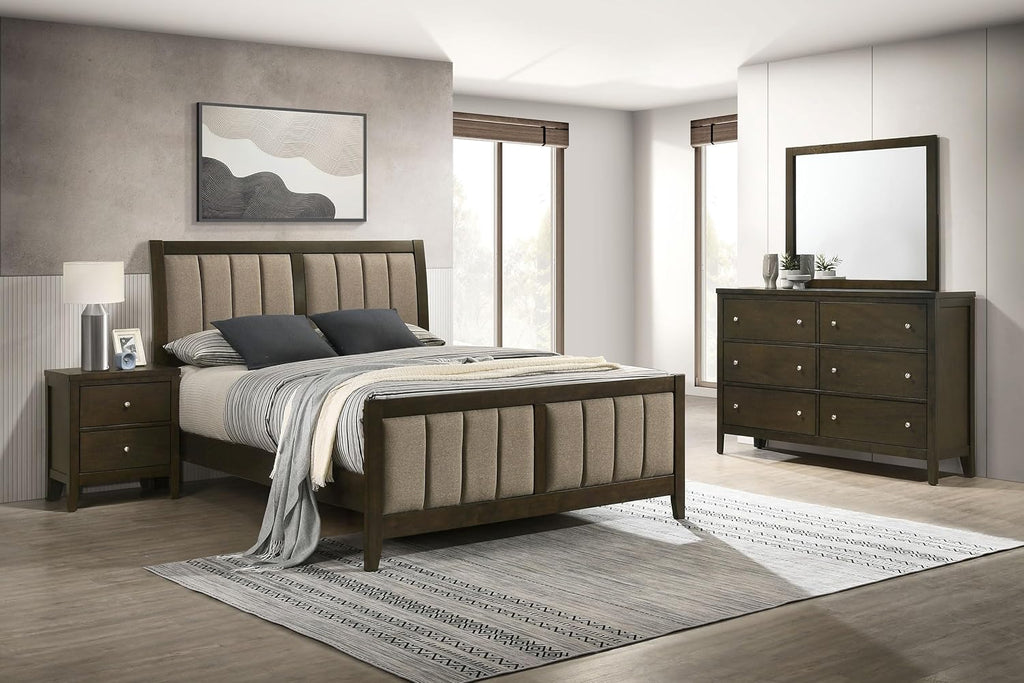 Coaster Home Furnishings Wilkes Transitional 4-Piece Bedroom Set Fabric Upholstered Eastern King Size Panel Bed Frame 51-inch Headboard Dark Cocoa 224421KE-S4