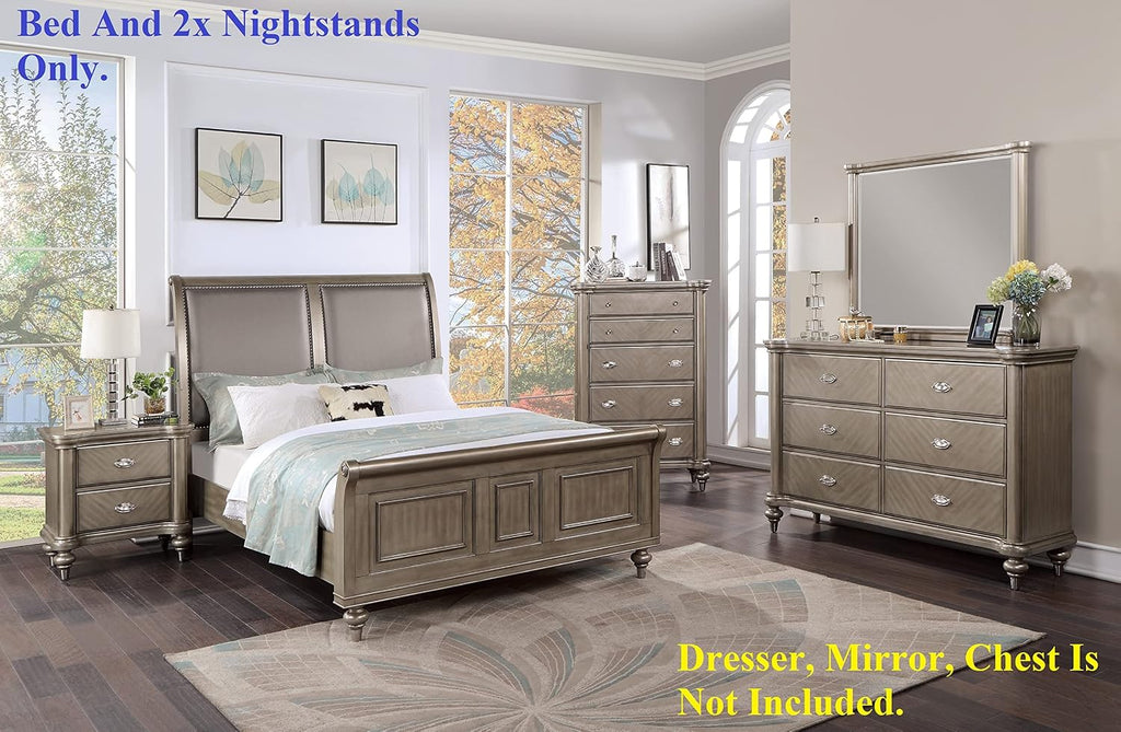 Luxury Majestic Grey Finish 3pc California King Size Bed Set 2X Nightstands Sleigh Bed Formal Styled Bedroom Furniture Upholstered Headboard Unique Footboard