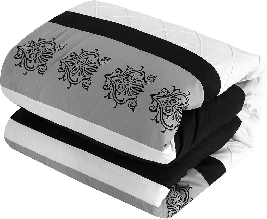 Chic Home Clayton 10 Piece Comforter Set Pintuck Pieced Block Embroidery Bed in a Bag with Sheet Set, King Black White