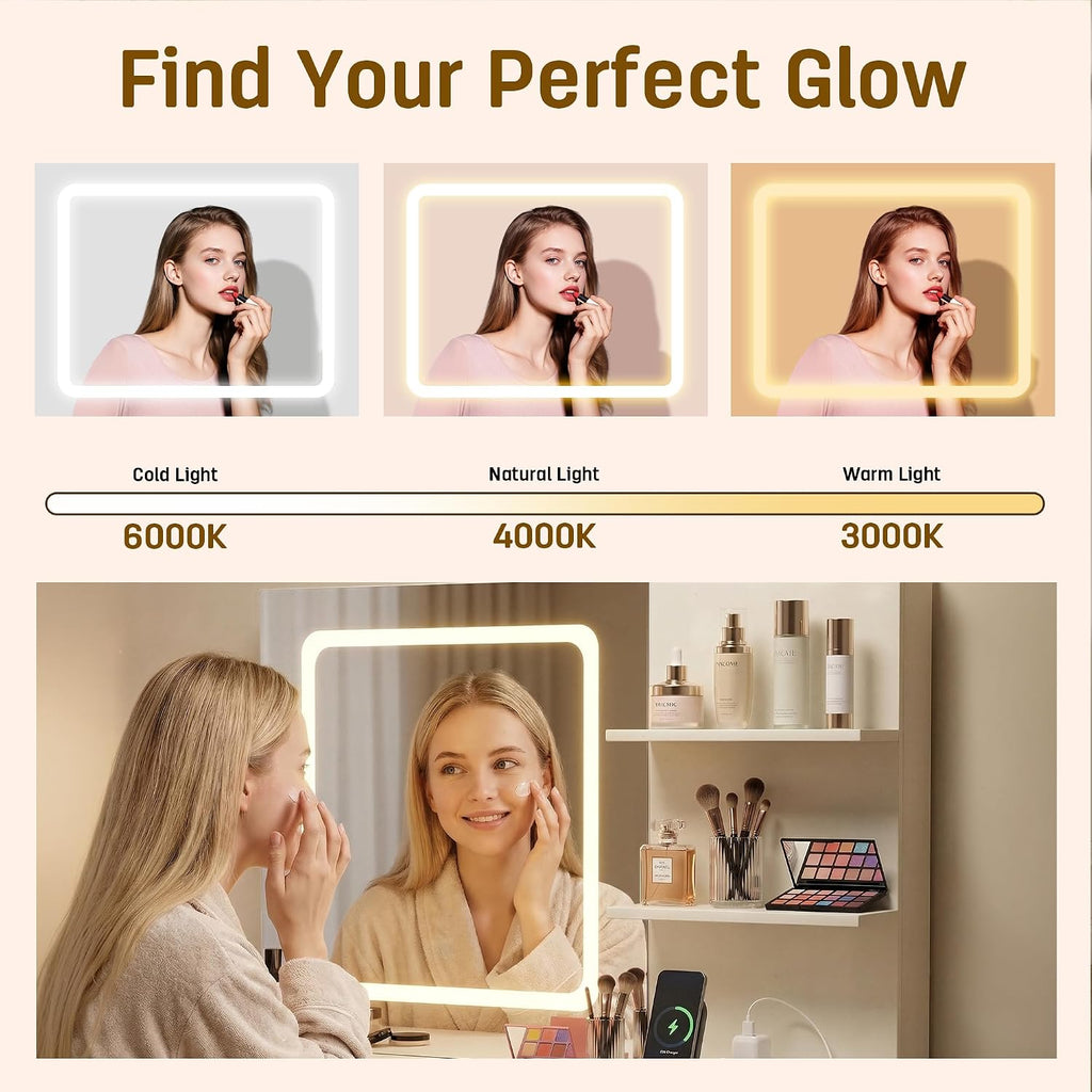 Makeup Vanity Desk with Mirror and Lights, 37' White Vanity Desk with Power Outlet & USB, 3 Modes Dimmable LED Mirror with 4 Drawers, Modern Vanity Table for Bedroom