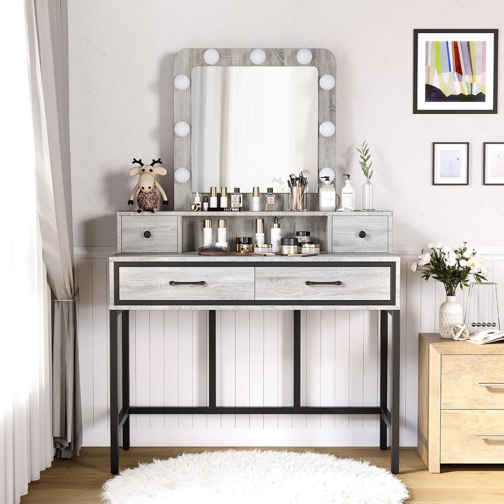 SUNVIVI Vanity, Makeup Vanity Desk with 3 Color Dimmable Lighted Hollywood Mirror, Grey Vanity with 4 Drawers, Large Dressing Table for Women Girls