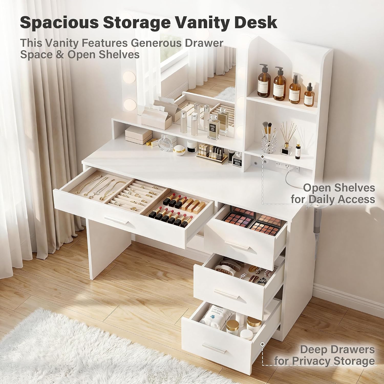 YESHOMY 39' Vanity Desk with Mirror & Lights, Makeup Vanity Table with Power Outlet & Storage Drawers, 3 Color LED Lighting, Dressing Table for Bedroom,Snow White