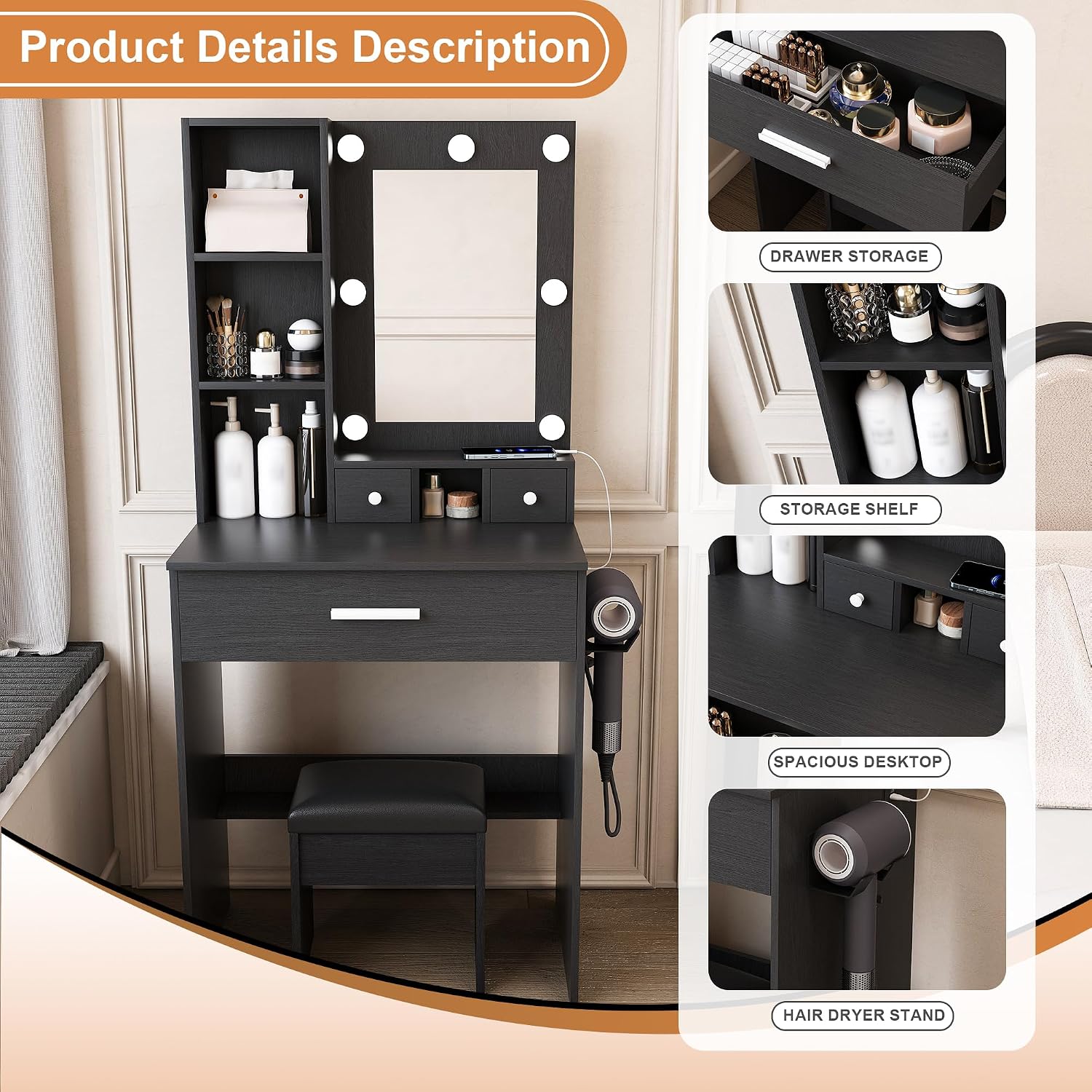 Runboll Small Vanity Desk with Mirror and Lights, Compact Makeup Vanity with Power Strip & Hairdryer Holder, Dressing Table Set with Stool, Drawers & Shelves
