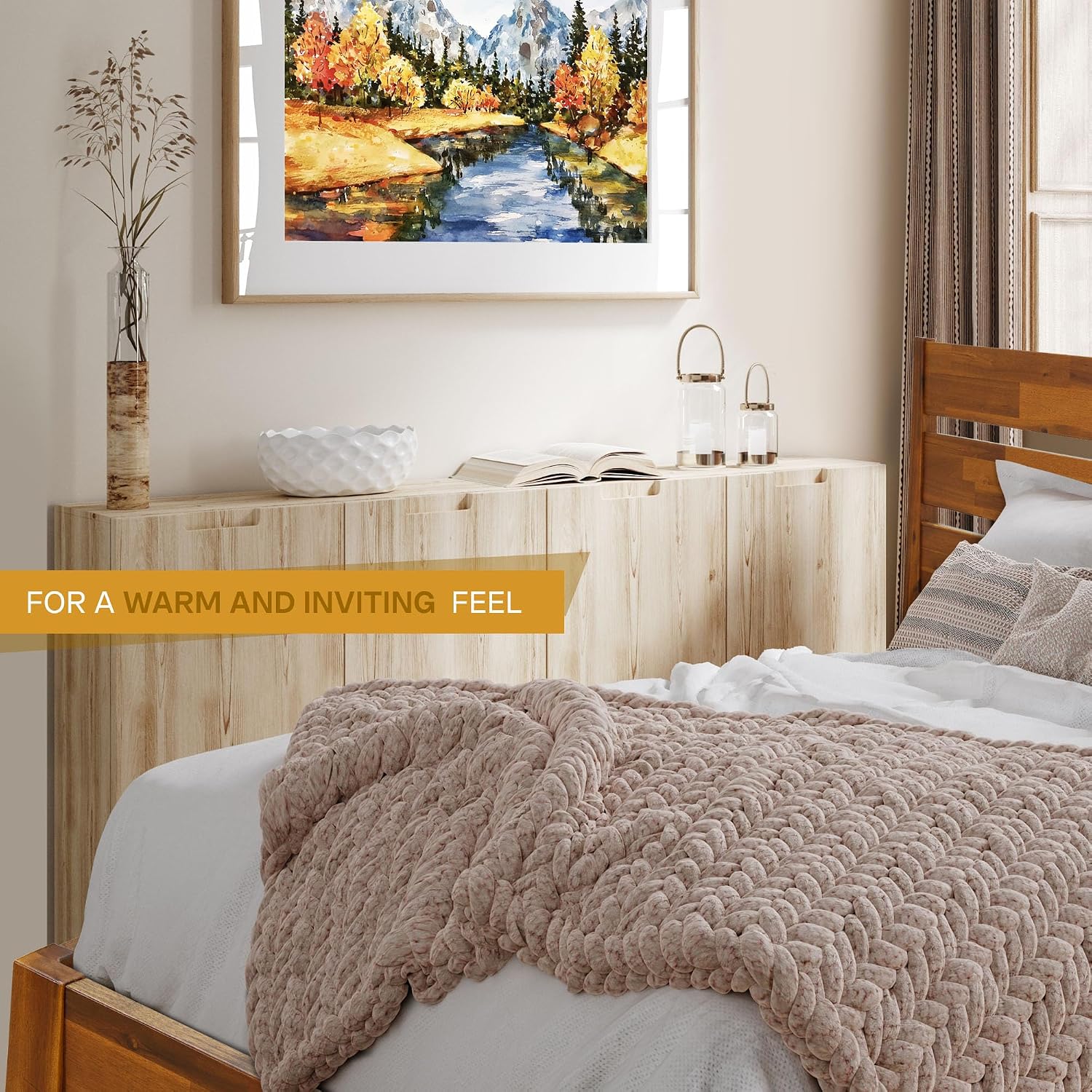 Acacia Emery Bed Frame with Headboard 100% Solid Wood Platform Bed, Mid Century Modern Wood Bed Compatible with All Mattresses, Non-Slip and Noise-Free, 30 Mins Assembly, King Size Bed Frame, Caramel