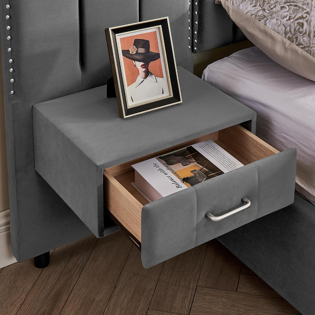 Velvet Upholstered Queen Size Platform Bed Frame with 48' Tall Headboard, Built-in Nightstands & Storage Drawers, No Box Spring Needed, Modern Gray Bedroom Furniture Set (Gray, Queen)