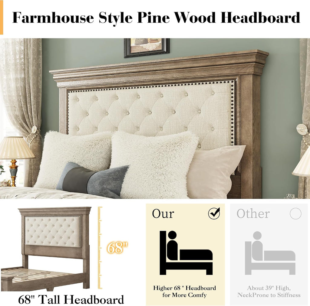 LUXOAK Solid Pine Wood Queen Bed Frame with 69' High Upholstered Headboard, Transitional Style Platform Bed, No Box Spring Needed & Easy Assembly, Button-Tufted Chenille Fabric, Antique Taupe