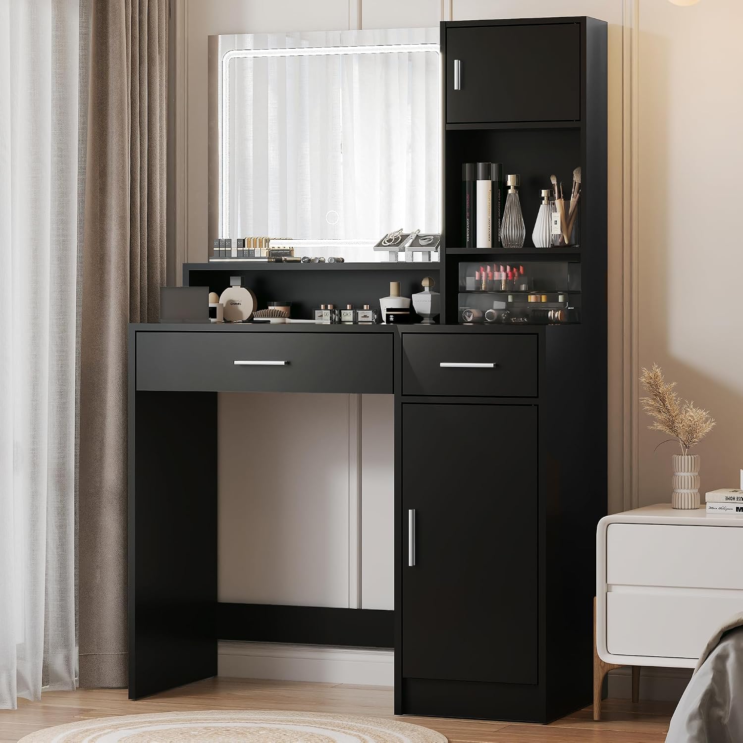 MIRROTOWEL Vanity Desk with LED Light Mirror, Dressing Table with Large Drawer & 3-Tier Storage, Adjustable Brightness 3 Lighting Modes, Modern Makeup Desk for Bedroom, Bathroom, or Living Room