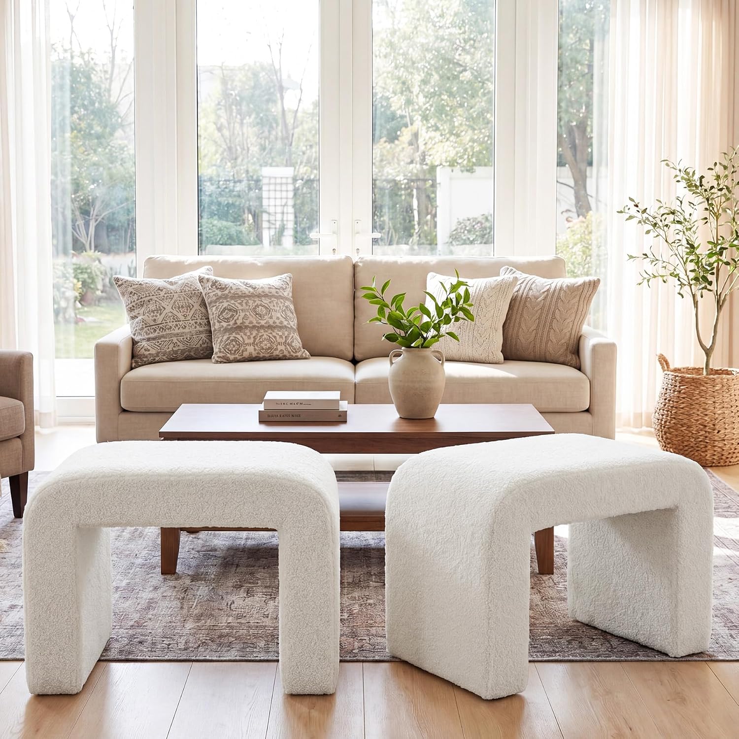 Tribesigns 2-Pack Vanity Ottoman Stool, Modern Foot Rest for Couch, Large Sherpa Upholstered Foot Stool Ottoman, Shoe Bench for Entryway, Extra Seating for Living Room, Bedroom, No Assembly, White