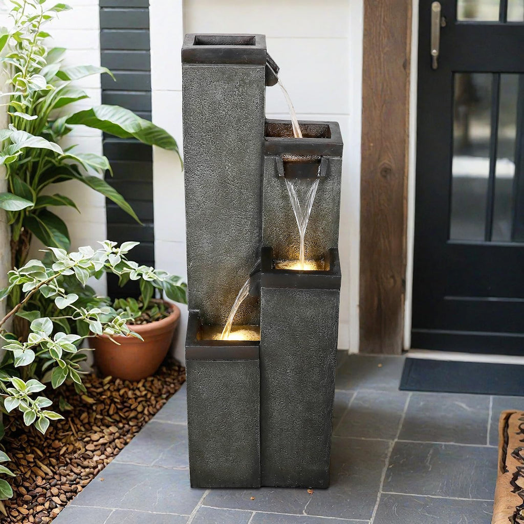 SunJet 4-Tier Modern Water Fountain, Indoor/Outdoor Resin Water Fountains with Soothing Water Sounds, Perfect for Garden, Patio, Home & Office, 12.5' L x 9.4' W x 39.3' H