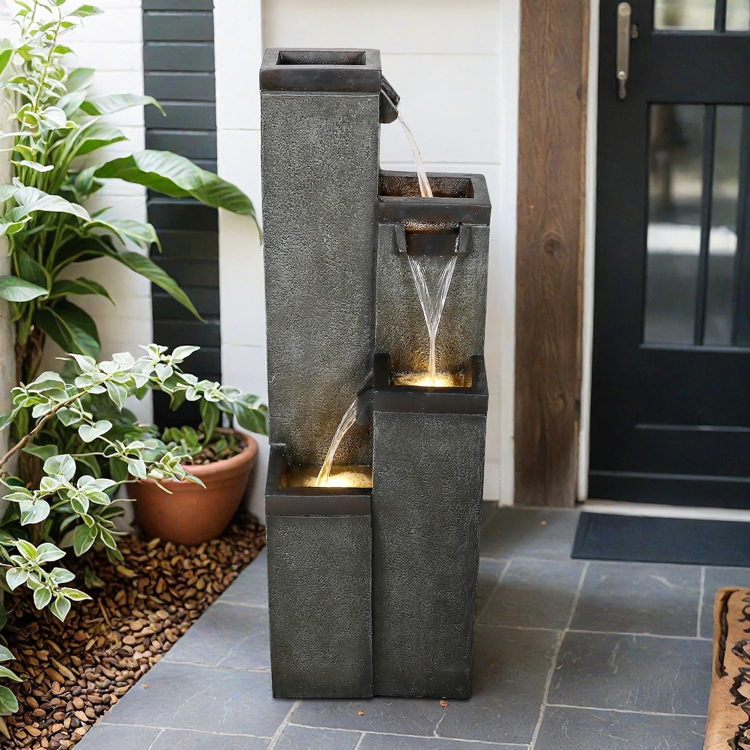 SunJet 4-Tier Modern Water Fountain, Indoor/Outdoor Resin Water Fountains with Soothing Water Sounds, Perfect for Garden, Patio, Home & Office, 12.5' L x 9.4' W x 39.3' H