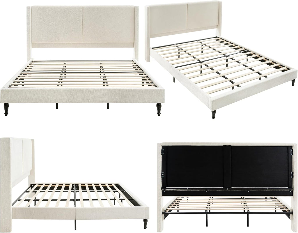KEIKI King Size Boucle Platform Bed, Upholstered Metal Bed Frame with Tall Headboard, Wingback Solid Tufted Bedframe Queen-Size, Wood Slat Support, No Box Spring Needed, Easy Assembly, Beige