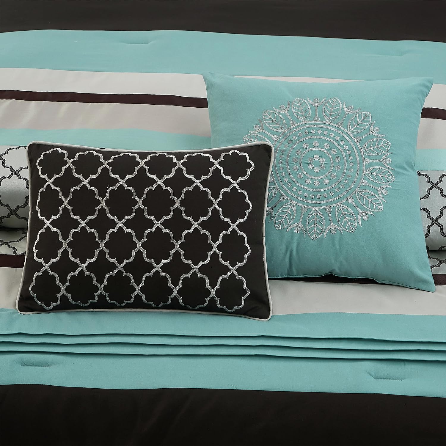 LANCO MODERN LIFESTYLE King Comforter Set, Aqua Brown Bedding Set, Jacquard Woven with Embroidery, 8 Pieces Bed in a Bag, Bed Skirt, Shams and Decorative Pillows