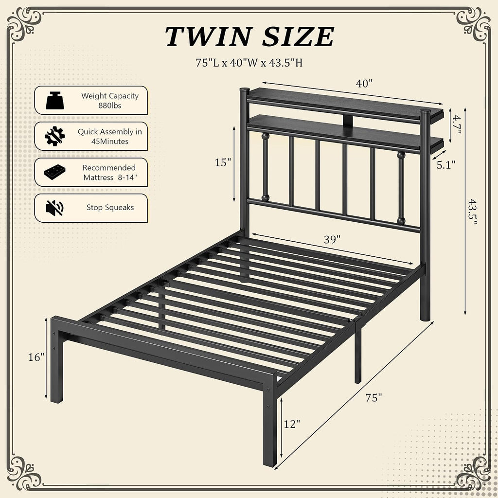 Homkdom 14 Inch Twin Metal Platform Bed Frames with 2-Tier Storage Headboard, Victorian Twin Bed Frame with Under Bed Storage/No Box Spring Needed/Easy Assembly, Black