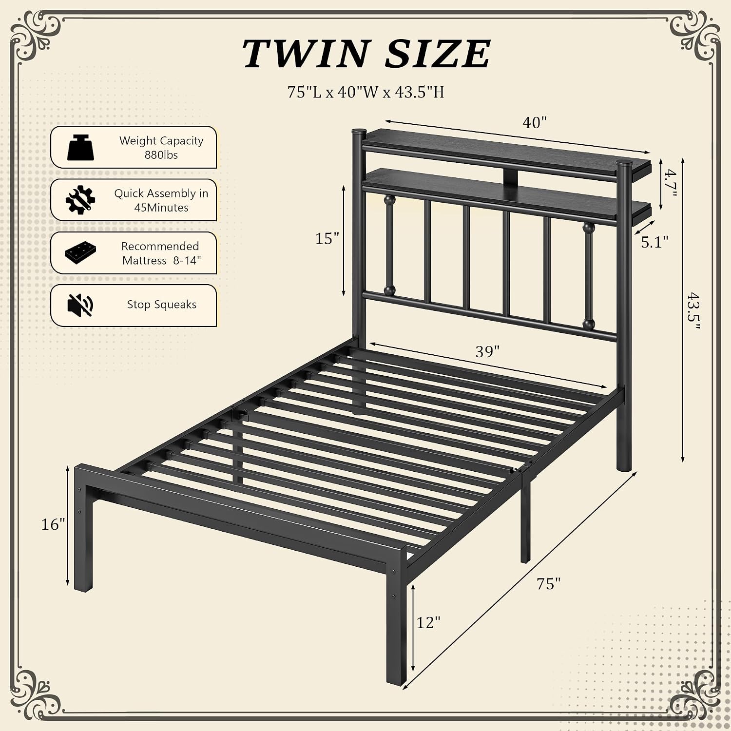 Homkdom 14 Inch Twin Metal Platform Bed Frames with 2-Tier Storage Headboard, Victorian Twin Bed Frame with Under Bed Storage/No Box Spring Needed/Easy Assembly, Black