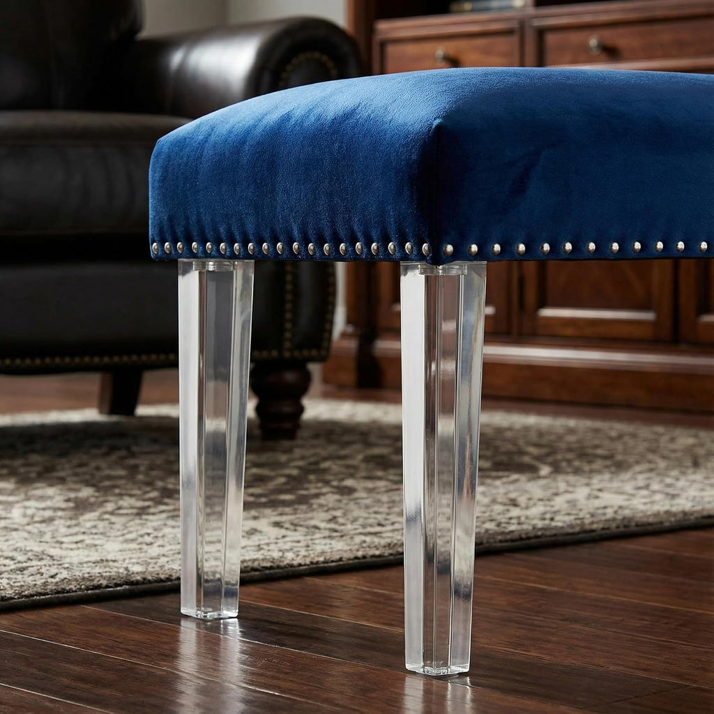 Cortesi Home Whitecrest Bench Ottoman with Clear Acrylic Legs 24', Blue Velvet