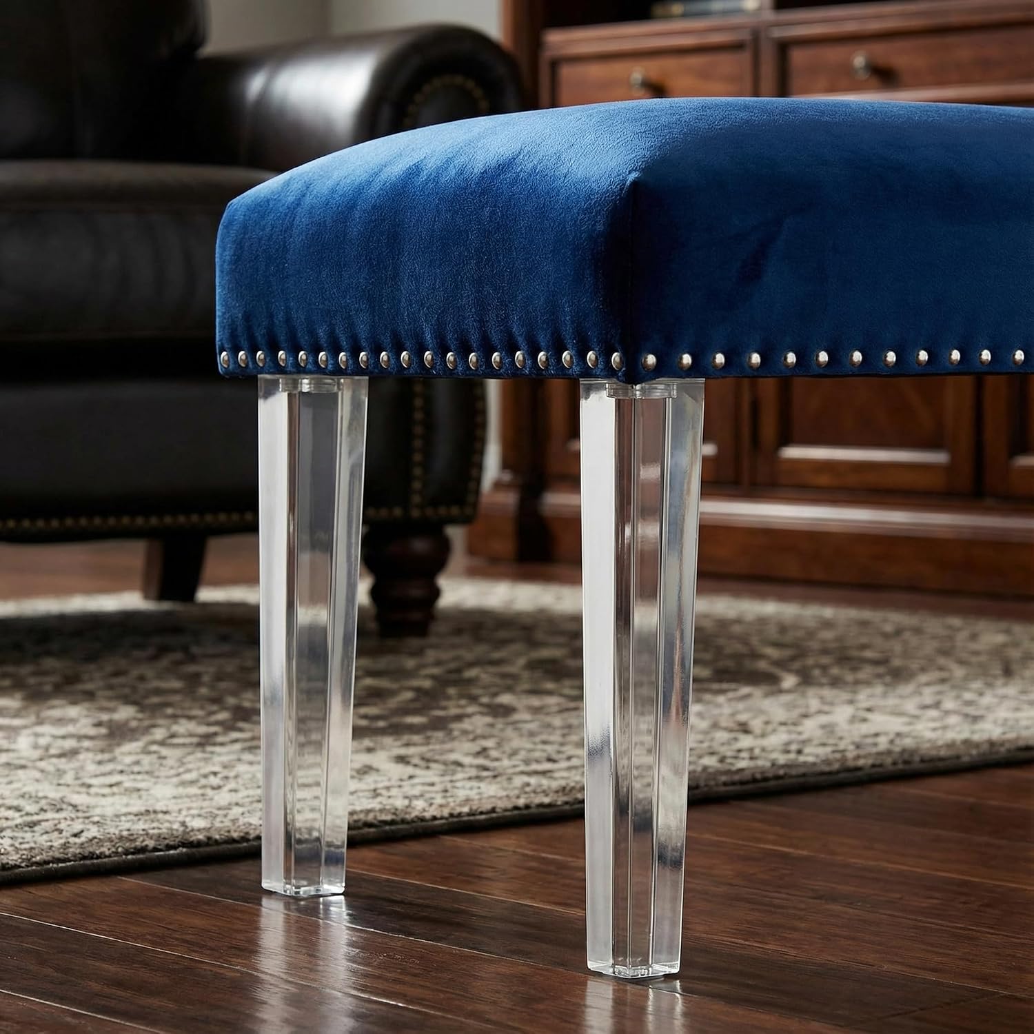 Cortesi Home Whitecrest Bench Ottoman with Clear Acrylic Legs 24', Blue Velvet