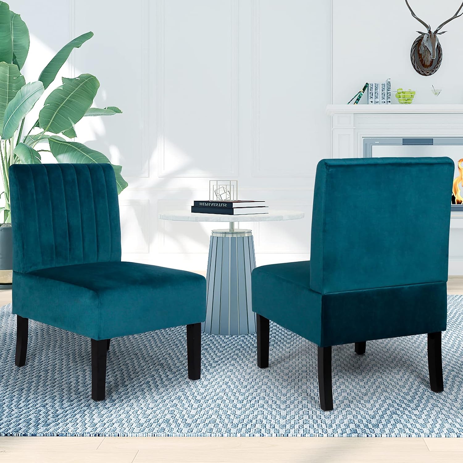 STHOUYN Mordern Velvet Armless Accent Chair Set of 2 Decorative Slipper Chair Vanity Chair for Bedroom Desk, Corner Side Chair Living Room Furniture White (2, Blue)
