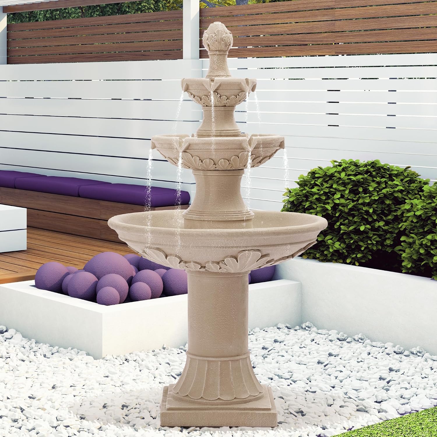 TITIMO 48' High Italian Feature Freestanding Water Fountain Outdoor and Indoor,3-Tier Roman Pillar Waterfalls Fountains for Garden,Patio,Yard,Deck,Backyard,Porch (Natural Tan)