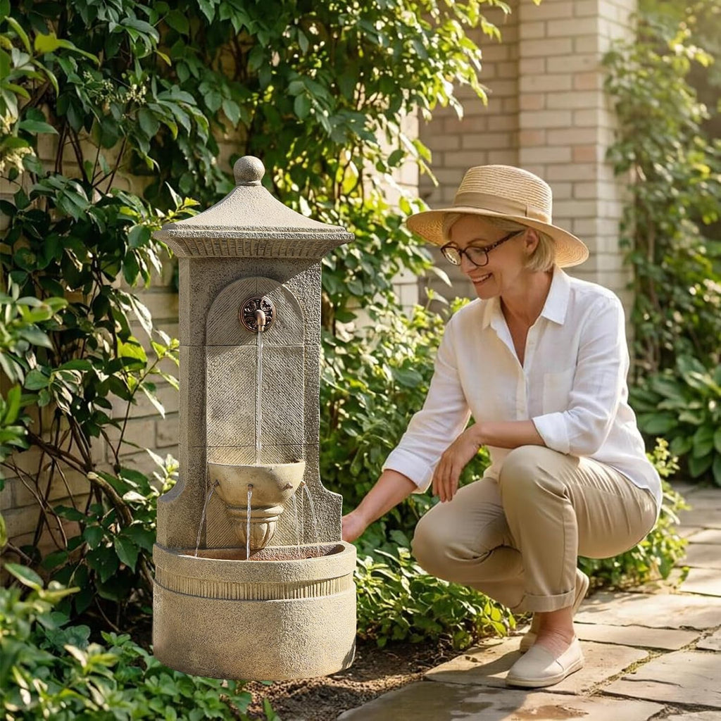 Outdoor Wall Fountain with LED Lights, 42.91' H Freestanding Garden Water Fountain, Large Floor Standing Patio Waterfall Feature, European Resin Flat Back Yard Courtyard Porch Déco