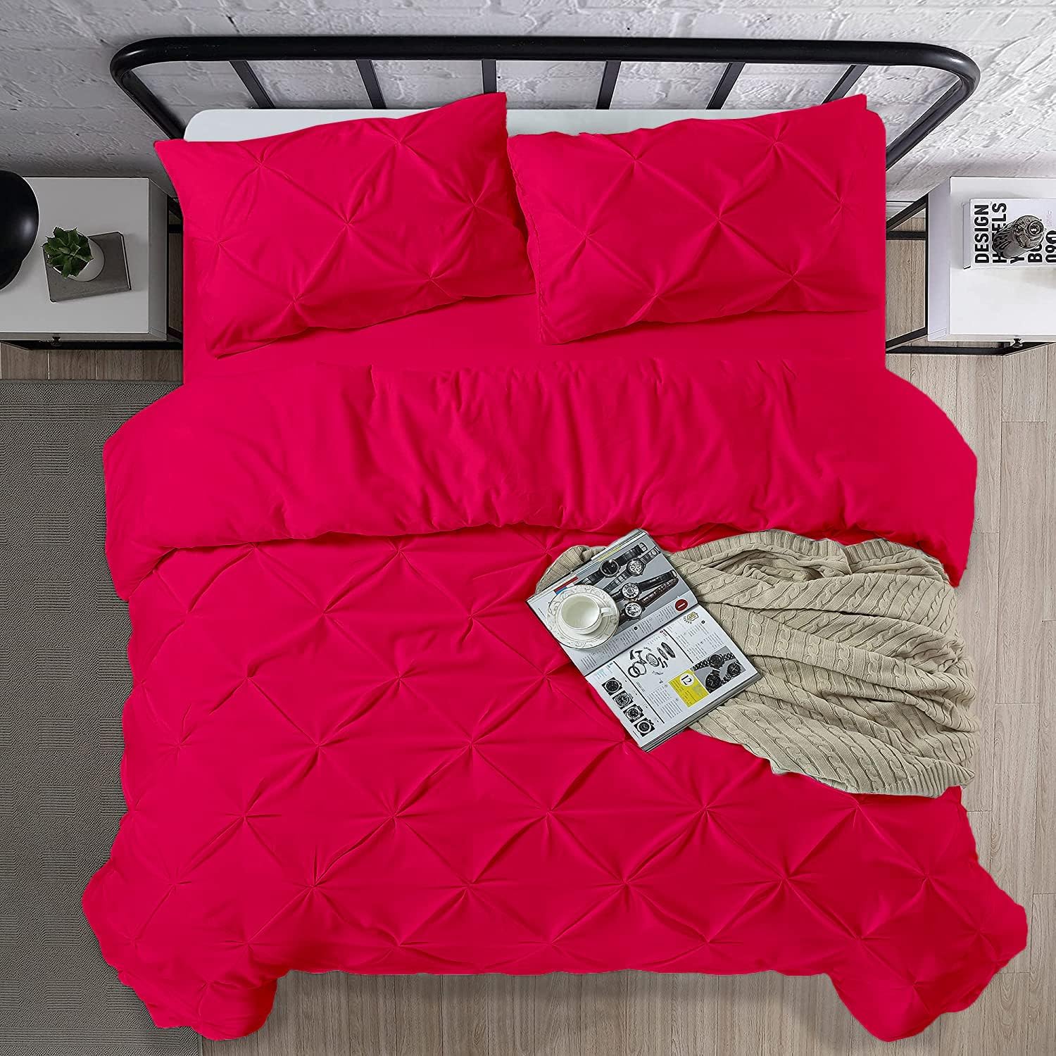 Crown Collection Luxuriate Hotel 1000-TC Hypoallergenic Ultra Soft Design 100% Egyptian Cotton Pinch Plated Duvet Cover with Zipper Colser & 2pcs Pillow Case Set (Super King Plus 120X120, Hot Pink)